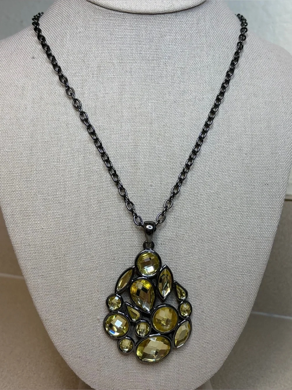 Lia Sophia Rio Gunmetal Citrine Yellow Crystal Statement Pendant Necklace